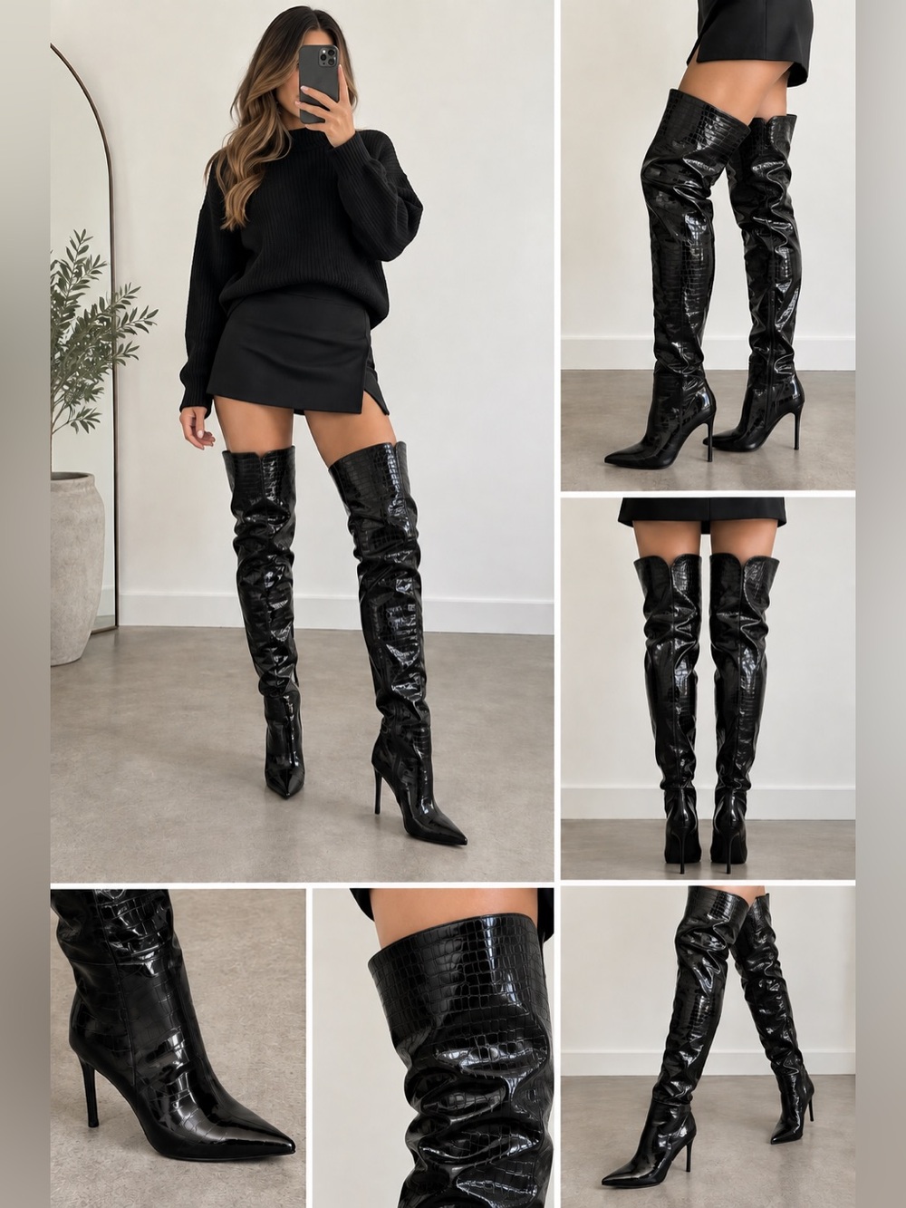 Jeffrey Campbell Black Over the Knee Thigh High Boots Croc Embossed